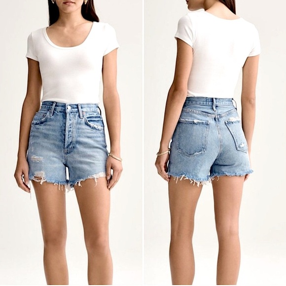 Agolde Dee Ultra High Rise Denim Distressed Blue Jean Shorts size 23 - Picture 13 of 16